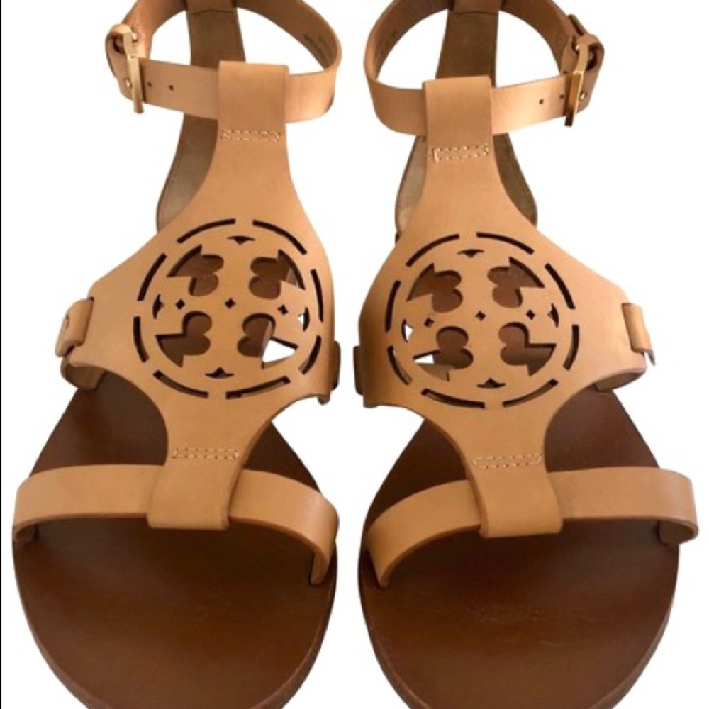 Tory Burch Zoey Sandals Thongs Tan Leather Logo Ankle Strap Shoes